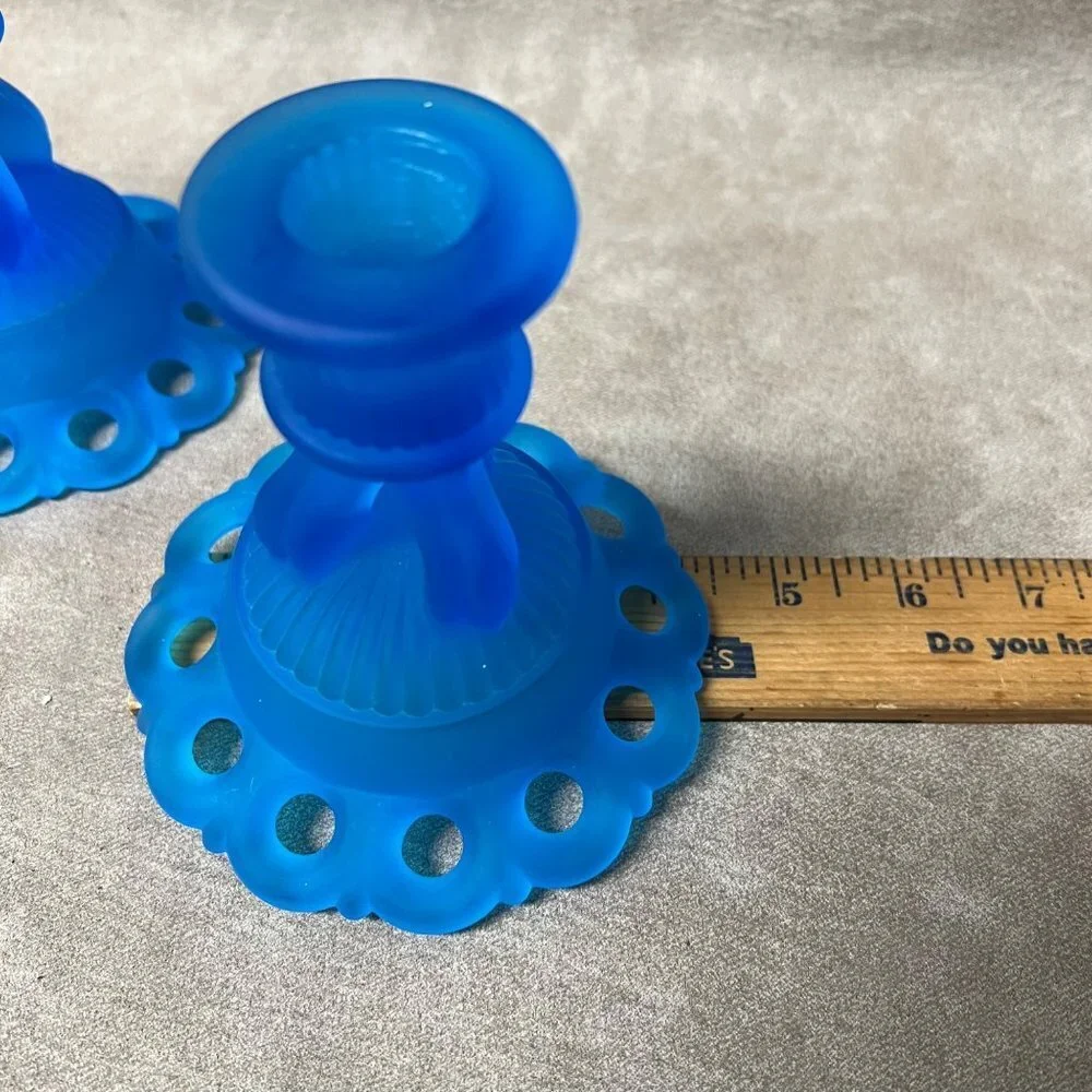 1960s Mid-Century Westmoreland Art Glass Candle Holders in Blue Satin Mist, Dori
